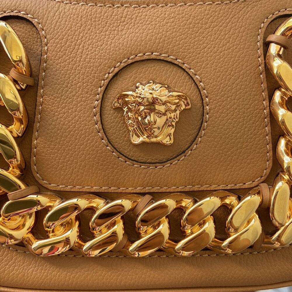 NWT MSRP$1,775 VERSACE Mini Medusa Hobo Tawny Brown Crossbody Bag Gold Chain - Picture 2 of 9